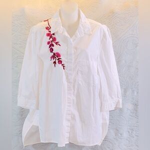 Athena Marie White Blouse with Pink Floral Embroidery Size XL Sleeve 3/4